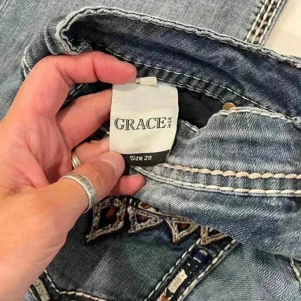 Grace in LA Bootcut Jeans Western Embroidered Rhinestone Distressed Women's 29 - Picture 10 of 10